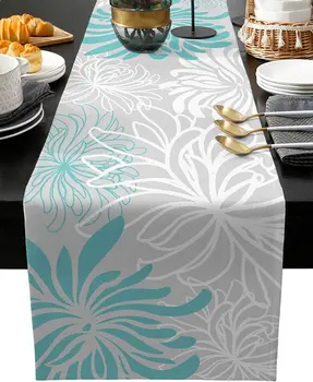 Aqua Chryzantéma Kvety Bielizeň Stôl Runner Svadobné Party Dekorácie, Kvetinová Sivá Stôl Runner pre Kuchyňa Jedálenský Dekor