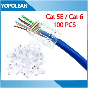 100KS Cat 5E Cat 6 Sieti Modulárny Konektor RJ45 8P8C Kábel siete Ethernet Konektor Konci Prejsť