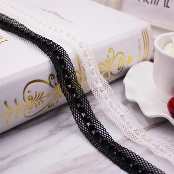 1Yard/Veľa White Black Pearl Korálkové Čipky Stuhou Čipkou Trim Afriky Čipky Textílie Vyšívané Čipky Korálkové Strapce Odevné Doplnky