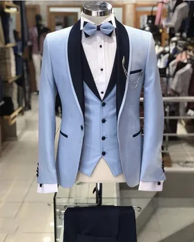 2020 Najnovšie Luxusné Modrý Kostým Homme Tri Kusy Formálne Šaty Mužov Vyhovovali Nastaviť Svadobné Obleky Ženícha Tuxedos (Bunda+Nohavice+Vesta)