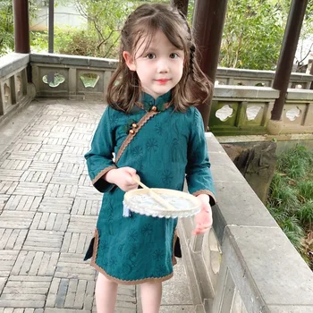 2021 Čínskej Tradičnej Cheongsam Pre Dievčatá Zelené Vintage Šaty Pre Deti S Dlhým Rukávom Hanfu Tang Oblek