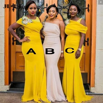 2021 Žltá Čierna Dievčatá Morská víla Svadobné Party Šaty pre Ženy Kvety Elastický Satén Afriky Bridesmaid, Šaty Dlhé