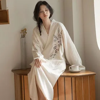 2023 Japonské Kimono Župane Jeseň Dámy Bavlna, Krep Handričkou Výšivky Lete Župan Home Service Sleepwear Vaňa Župan