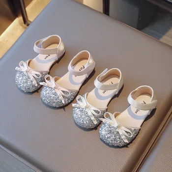 2023 Jar Leto Nové Dievčatá Sequin Princezná Sandále detské Módne kórejský Luk Strany Kožené Topánky Deti Non-slip Tanečné Topánky