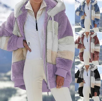 2023 Módne vrchné oblečenie pre ženy, zimné nové voľné plyšové patchwork mikina s kapucňou pre žien cardigan