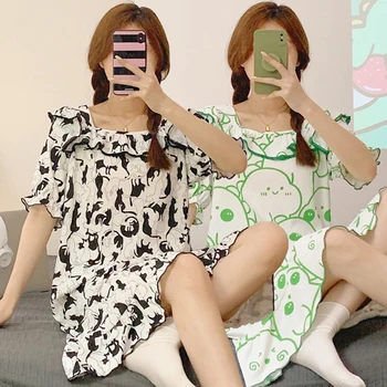 2023 Nové Letné Krátky Rukáv Bavlna Tlač Nightgowns pre Ženy kórejský Roztomilý Sleepwear oblečenie pre voľný čas Nightdress Noc Šaty Domov Nighty