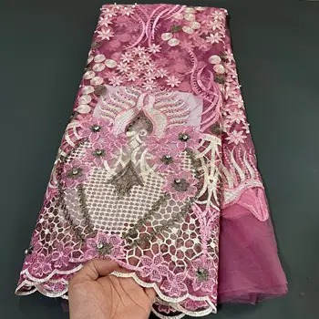 2023 Vysokej Kvality Afriky Nigérijský Tylu Čipky Textílie Flitrami Výšivky francúzsky Guipure Svadobné Party Šaty Korálkové 5Yards
