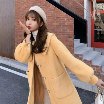 2023 Ženy, Zahusťovanie Vlnené Kabát dámske Dlhé Jesenné Zimné kórejský Populárne Hepburn Plus Faux Noriek Cashmere Voľné Kabát