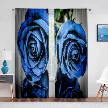 3D Blue Rose Tylu Záclony Kvetinový Kytice Romantické Kvetinové Okno Úplnej Voile Opony pre Obývacia Izba, Spálňa Hotel Dekorácie