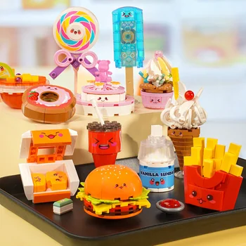 6pcs Mini Fast Food Ovocie Model Stavebné Bloky DIY Hamburger Hranolky Víno Koláč Zmontované Údaje Tehly detské Hračky Darček