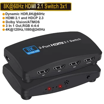 8K HDMI 2.1 Prepínač Splitter 3X1 8K@60Hz 4K@120Hz 2K@144Hz 3 v 1 z Ultra HD Switcher 48Gbps Pre Xbox Na PS5 HDMI 2.1 Switcher