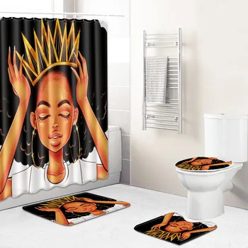 Afrika Dievčatá Afrických Amerických Žien Koruna Páry Luxusných Trvanlivé Nepremokavé Sprchový Záves Nastaviť Kráľovná Non-Slip Kúpeľňa Rohože Koberce