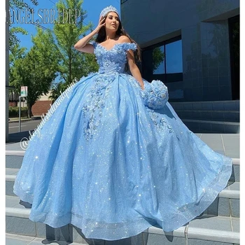 ANGELSBRIDEP Sky Blue Quinceanera Šaty plesové Šaty, Perlové 3D Kvety Vestidos 15. Narodeniny Party Princess Sweet 16 Šaty