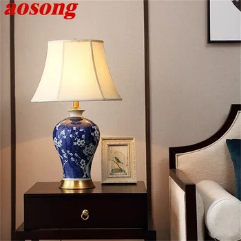 AOSONG Mosadz Stolové Lampy, Modrá Keramická Stolná Svetlo Luxusné Moderné Dekoratívne Textílie pre Domáce Obývacia Izba, Jedáleň, Spálňa