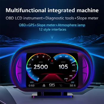 Auto HUD Duálny Systém OBD2 GPS Vozidla Head Up Displej Digitálny Rýchlomer S Viac Vzďaľujú Napätie Alarm Únavy vodičov Upozornenie