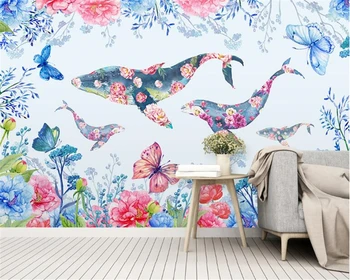beibehang Nordic osobnosti dekoratívne maľby, tapety malé čerstvé akvarel kvety veľryba detí papier pozadí steny