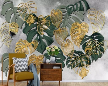 beibehang Vlastné zelené výsadby gold line jednoduché tropických rastlín abstraktné nostalgické nástenná maľba pozadia na stenu, dekorácie, tapety
