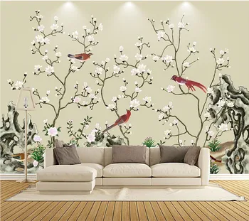 beibehang Vlastnú tapetu 3d nástenná maľba ručne maľované starostlivé kvety a vtáky nové, moderné Čínske TV papier pozadí steny nástenná maľba