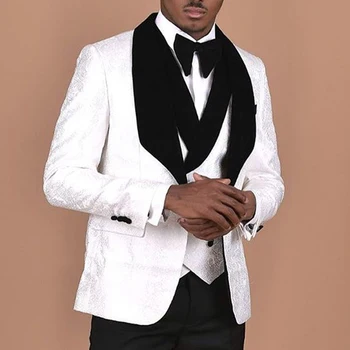 Biely Kvetinový Žakárové Svadobné Smoking pre Groomsmen 3 Ks Vlastné Afriky Muži Obleky Black Velvet Klope Muž Módne Kostýmy 2023