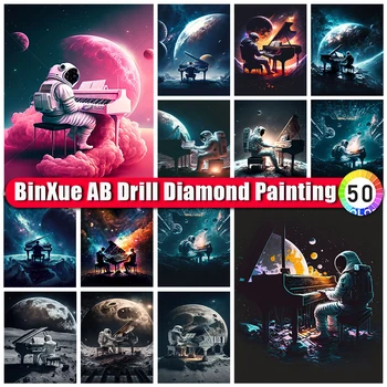 BinXue Scenérie Vesmíru Mesiac AB Diamond Maľovanie Astronaut Cross Stitch Klavír Ručné DIY Diamond Mozaiky Domova Darček