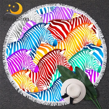 BlessLiving Prekladané Veľkú Pláž Uterák Kolo Rainbow Zebra Letná Deka Trendy Voľne Žijúcich Zvierat Uteráky Kúpeľňa Tropické Osuška