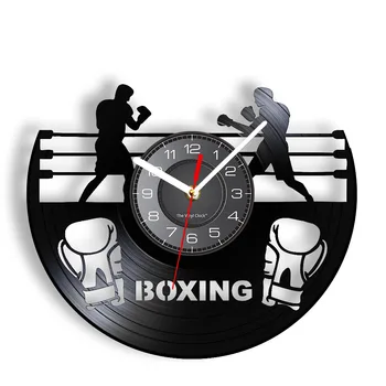 Boxerské Hra Inšpirovaná Vinyl LP Nástenné Hodiny Boxing Club Visí Dekor Boxer Arena Rukavice Siluetu Wall Art Hodinky s Podsvietením