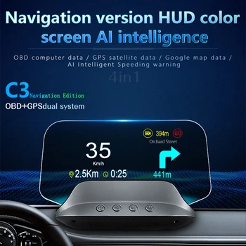 C3 Navigáciu Zrkadlo HUD Auto Head Up Display s OBD2 HD GPS Navigácia, Bluetooth čelné Sklo Rýchlosť Projektor Bezpečnostný Alarm