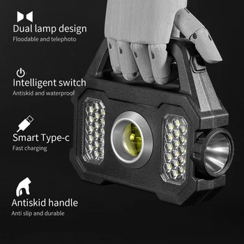COB LED Pracovné Svetlá 500lm 1800mAh Vodotesný, Prenosný Reflektor Baterka Solárny Emergency Power Bank Vonkajšie Osvetlenie