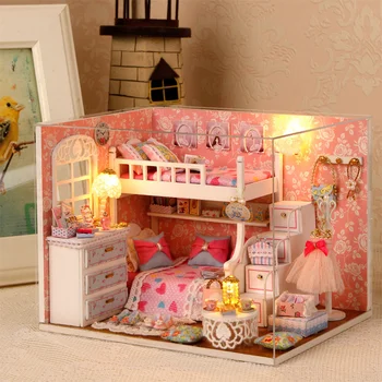 Deti Doll House Drevená Bábika Domy Miniatúrny domček pre bábiky s Nábytkom Súprava Hračiek Casa na Vianočný Darček Sladké domček pre bábiky Auta urob si sám