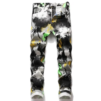 Digitálne tlačené nohavice pánske denim džínsy Módne elastické mladých strany bežné Nových Európskych a Amerických kvetinový