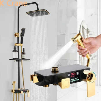 Digitálny Sprcha Set Kúpeľňa Smart Termostatické Sprchové Systém Teplej Studenej LED Vaňa Kohútik Námestie Kolo Trubice SPA Zrážok Black Grifo