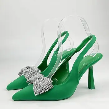 Elegantné Ženy Tenké Vysoké Podpätky Bowknot Crystal Slingback Tkaných Sexy Ukázal Prst Striptérka Exotické Tanečné Nosiť Luxusné dámske Sandále