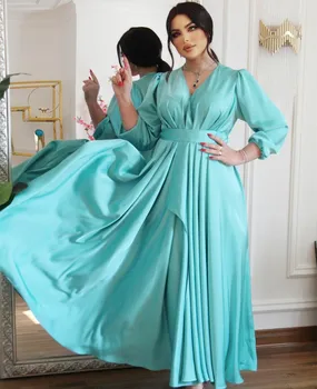 Elegantný Dlhý Rukáv V Krku Satin Večerné Šaty S Vreckami A-Line Moslimských Skladaný Štrbinou Členok Dĺžka Prom Formálne Šaty pre Ženy