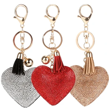 Farebné srdce Kompletný drahokamu keyring pu kožené strapec keyring pre ženy v Aute Kľúčový prívesok Valentína darček