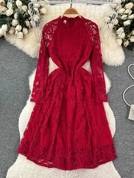 FTLZZ Jar Leto Elegantné Ženy O-krku Ríše Slim podkolienok Vintage Šaty Lady Čipky Oka Výšivky Červené Šaty