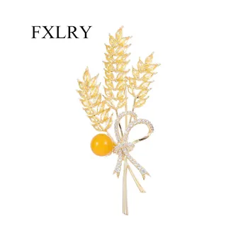 FXLRY Elegantný Lesklý Žltá Cubic Zirconia Pšenica Rastlín Brošňa Pre Ženy, Svadobné Šperky
