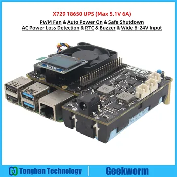 Geekworm pre Raspberry Pi X729, 18650 UPS (Max 5.1 V 6A) s Široké 6-24V Príkon|Auto Power On|Safe Shutdown