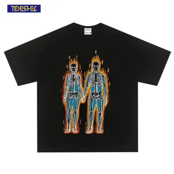 Harajuku Streetwear Gotický Hip Hop Móda Unisex Muži T-shirt Plameň Kostra Print T Shirt O-Krku Tees Pár Oblečenie Žien, Topy