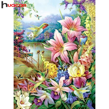 Huacan Diamond Maľovanie Lily Plné Námestie Kolo Vŕtať Mozaiky Vták Výšivky Cross Stitch Kvetinové Dekorácie Pre Domov