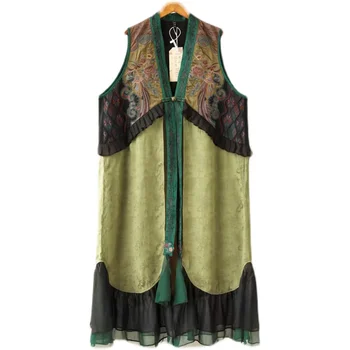 Jar luxusné ženy šaty Zelené Bavlnené obliečky V golier tlačidlo cardigan čínsky coats dlhá vesta pre ženy
