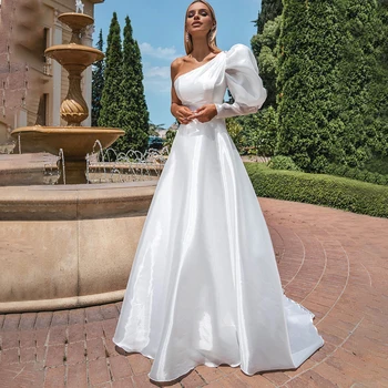 Jeden Ramenný Jednoduchý Dlhý Rukáv Záhybov Čipky A-Line Svadobné Šaty 2023 Svadobné Šaty Vestido De Noiva
