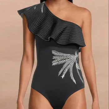 Jeden-Ramenný Rozstrapatené Jeden Kus Bikini Vysoký Pás Plavky Vyšívané Tlač Módnych Plaviek Bezšvíkové Patchwork Plavky 2023