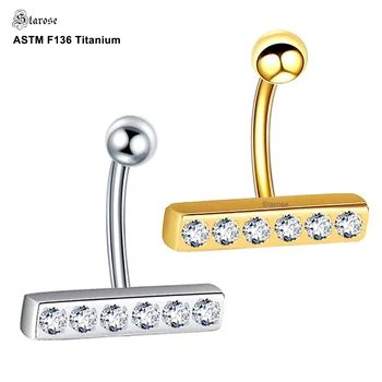Jednoduché Zirkón Tehla ASTM F136 Titánové Šperky, Piercing Zlatá Farba 14G Pupok Bar Loptu Pupka Piercing Titán Brucho Tlačidlo Krúžky