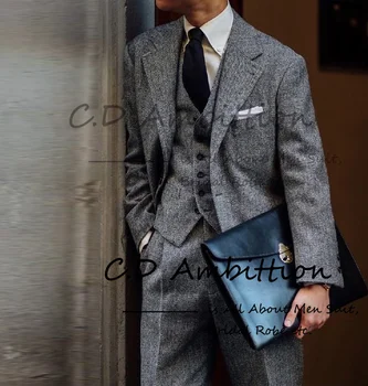 Jesenné Vinobranie Sivá Tweed Sako Masculino Slim Fit 3 Ks Formálne Business pričom Uhlopriečny Oblek, Kostým Pre Mužov Homme Hot predaj