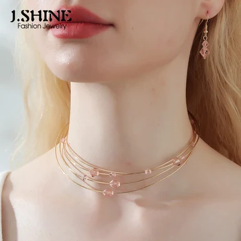 JShine Trendy Multi Vrstvy Kovu Line Choker Náhrdelník Ženy, Zlatá Farba Kovu Ružový Kryštál Perličiek Momenty Otvorené Krku Módne Šperky
