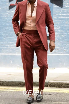Jujube Červená Bielizeň Muži Obleky 2 Kus Južná Afrika Sako Sady Prom Vyhovuje Veľký a Vysoký Denné Cestovanie Oblečenie pre Mužov Bunda+Pa
