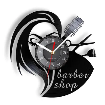 Kadernícke Nástroje Vintage Nástenné Hodiny Haircutting Centra Lady Obrázok Vinyl Na Stenu Hodinky Darček Pre Kaderníctvo & Barbei Shop