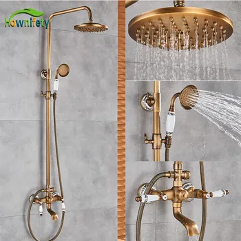 Klasické Antique Brass Kúpeľňa So Sprchou Kohútik Nastaviť Vaňou, Sprchovacím Kútom Batérie, Vaňa Sprcha Ťuknite Na Položku Zrážok Sprcha Hlava Otočná Zavlažovanie
