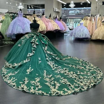Krajky-up Korzet Volánikmi Lúk Späť Quinceanera Šaty Hunter green Milú 3D Kvety Zlaté Appliques prom Vestidos De XV Anos