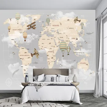 Kreslené Mapy Sveta，teplovzdušný balón，rovine，vlaku，Vlastné 3D nástenná maľba detské tapety, samolepiace tapety, obývacia izba